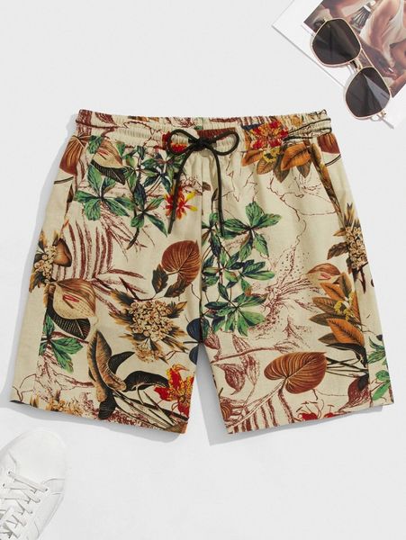 

men tropical pattern drawstring waist shorts m1bt#, White;black