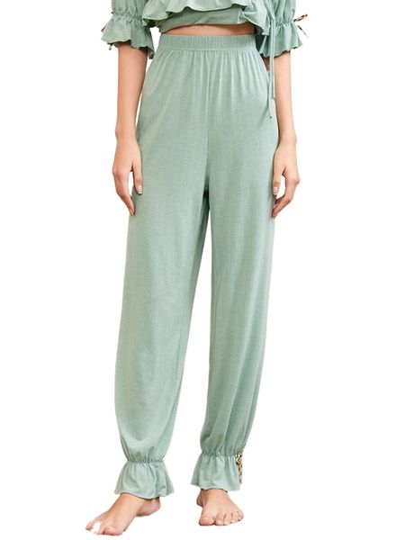 

bow detail ruffle hem sleep pants m120#, Black;red