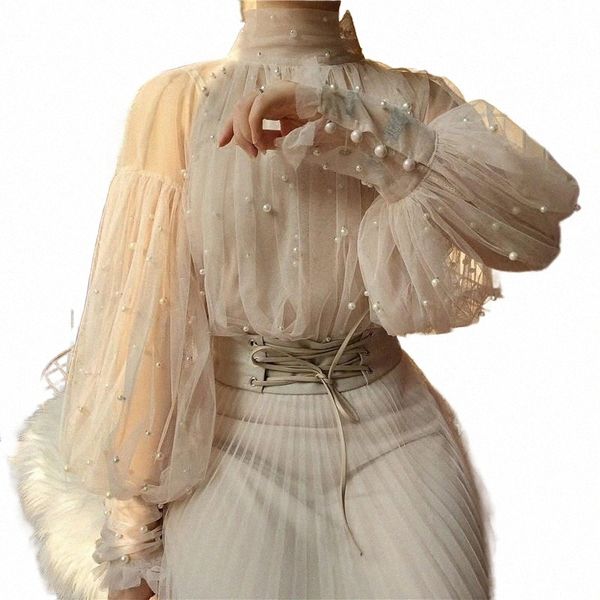 

2019 fashion autumn women sweet beads bubble sleeve pearls button gauze blouses ladies elegant mesh shirt blusas v6kl#, White