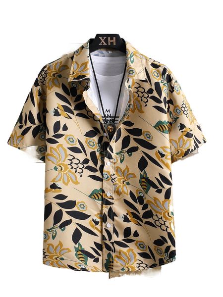 

men random allover floral print button through shirt without tee r5lt#, White;black