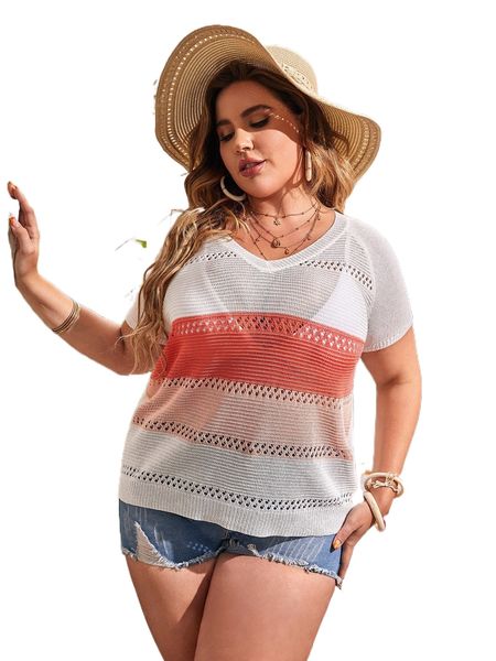 

plus colorblock raglan sleeve pointelle knit without bra s4yf#, Black