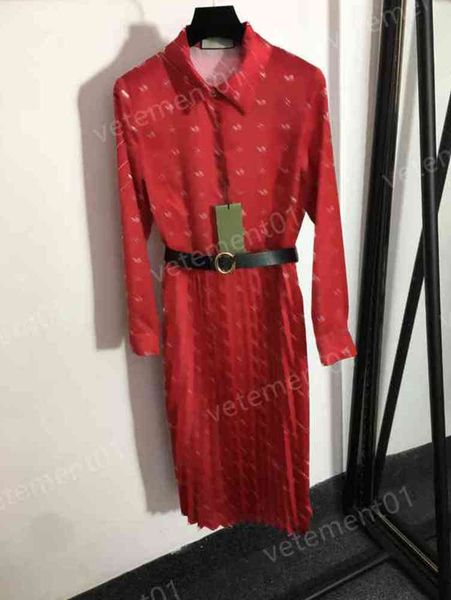 

designer womens dresses fashion brand alphabet logo print custom belt waist red long sleeve pleated dress luxury women clothing casual dress, Black;gray