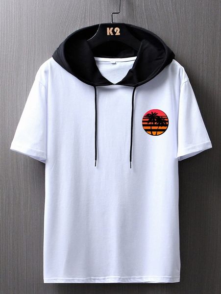 

romwe guys tree print drawstring hoodie r6is#, White;black