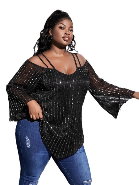 

plus cold shoulder hanky hem sequin blouse t3uu#, Black