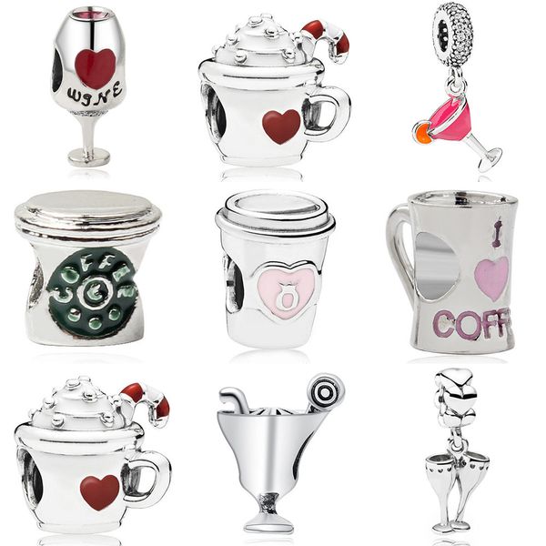 925 Sterling Silver Ciondola Charm vino Tazza di caffè Perline Bead Fit Pandora Charms Bracciale Accessori gioielli fai da te