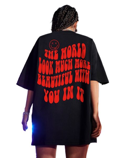 

slogan & expression print drop shoulder tee 71hy#, White
