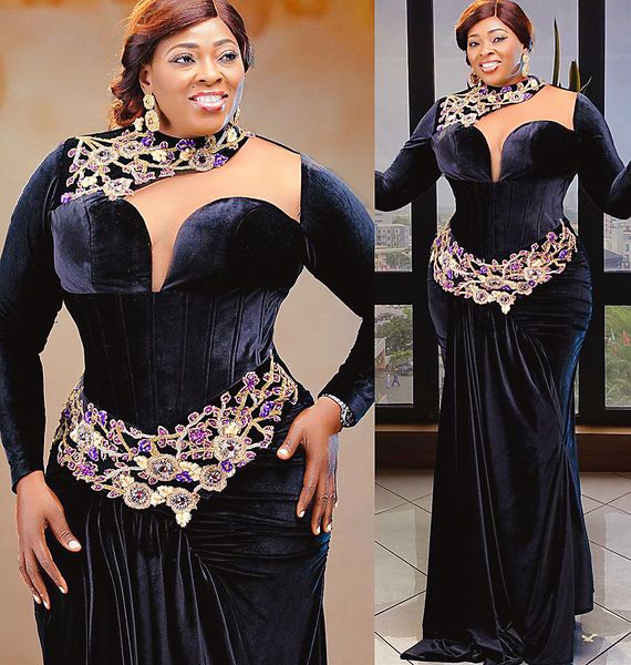 

2022 plus size arabic aso ebi black mermaid velvet prom dresses lace beaded crystals evening formal party second reception birthday engageme