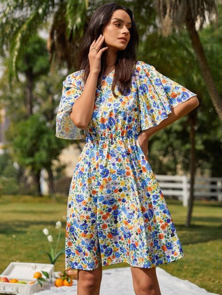 

ditsy floral flutter sleeve tie back dress r8a4#, Black;gray