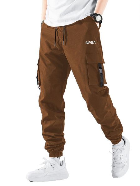 

men letter graphic buckled detail drawstring waist cargo pants b0fy#, Black