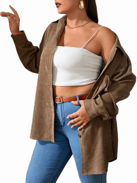 

plus drop shoulder corduroy shirt l47p#, Black