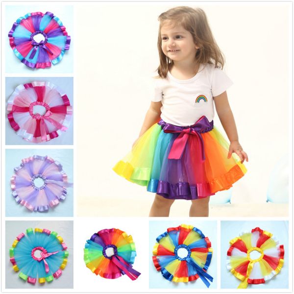 Baby 7colors Rainbow Color Girls Tutu Saias novas fitas Bowknot Children Skirt Princess Dance Performace Festival Party Saias infantis ZC1156