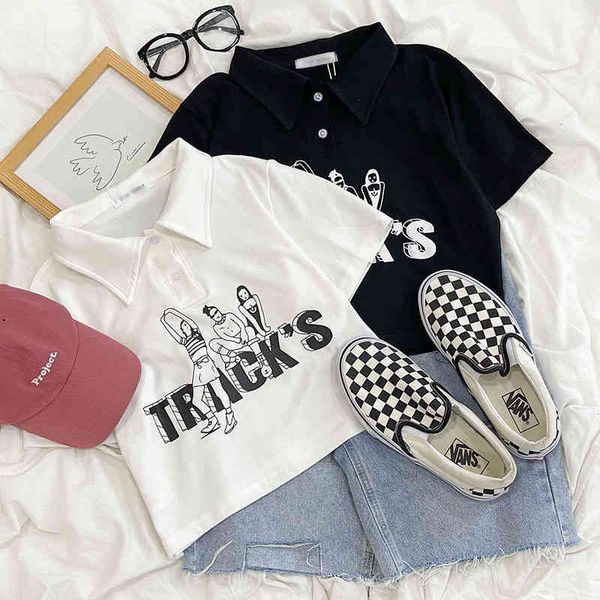 

women's t-shirt 2022 college polo bm street girl lettered print summer stretch cotton slim short t-shirt plc8, White
