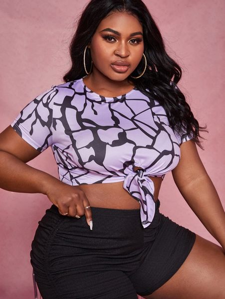 

sxy plus allover print tie hem crop tee z2n3#, Black