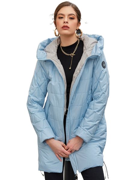 

hailuozi letter patched detail drawstring zipper hooded quilted coat x2dw#, Black