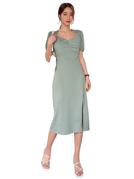 

dazy solid ruched split hem dress r5fi#, Black;gray