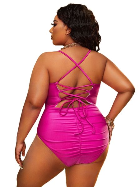 

plus lace-up scrunch butt one piece swimsuit 52sr#, White;black