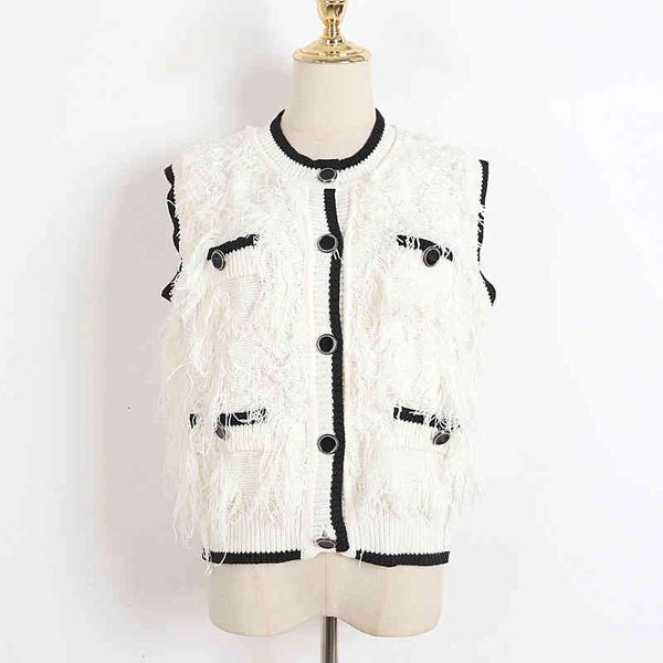 

women's knits & tees black and white contrast tassel vest spring summer cardigan round neck single breasted sweater small fragrance coa