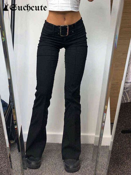 Jeans feminino Botão de metal de cena Sexy calça de cintura baixa flare mulheres negras casuais góticos góticos meninas calças retas calças punk t220825