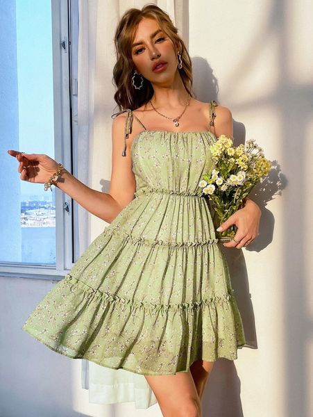 

random floral print tie shoulder frill trim chiffon cami dress z2hf#, Black;gray
