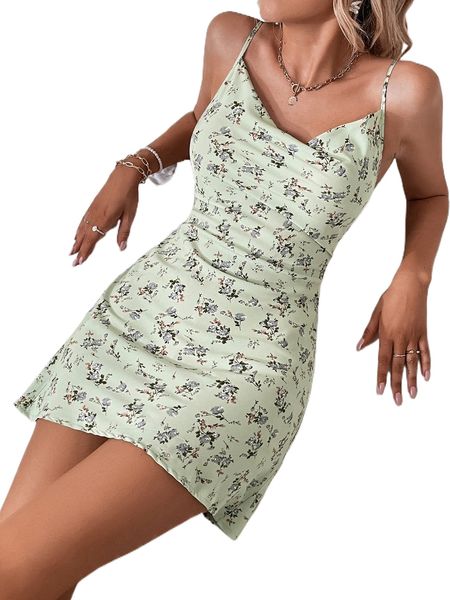 

allover floral print draped collar cami dress u49a#, Black;gray