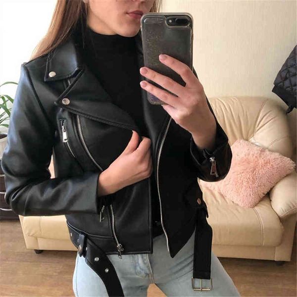 

women autumn solid colors cool faux leather jacket long sleeve zipper turn-down collar motorcycle biker short coat outerwear#g3 l220728, Black