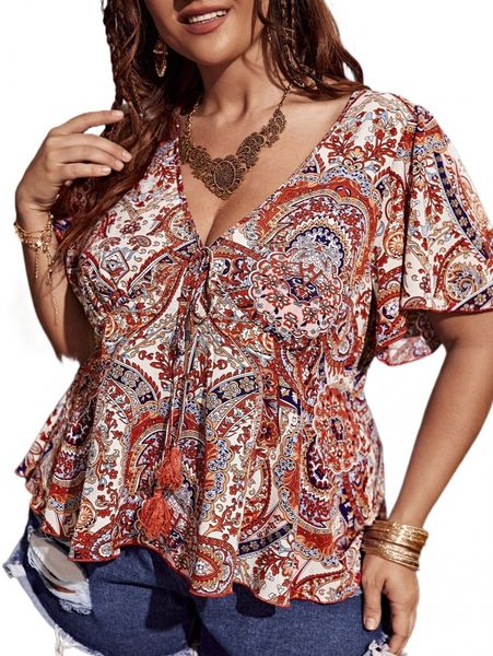 

plus paisley print tie front flutter sleeve blouse n3y6#, Black