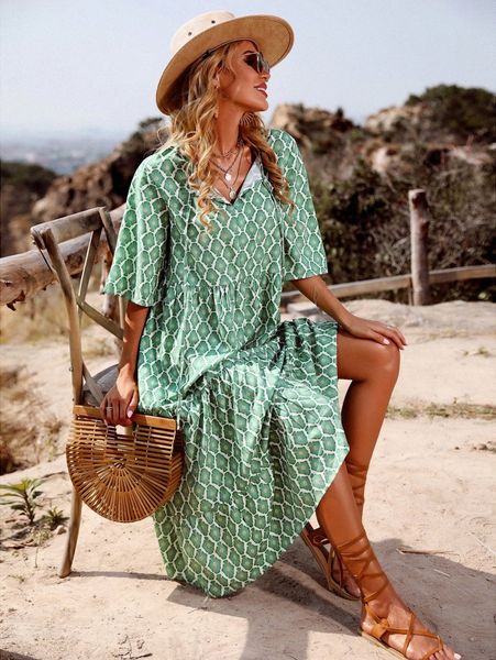 

allover print smock dress 27z2#, Black;gray