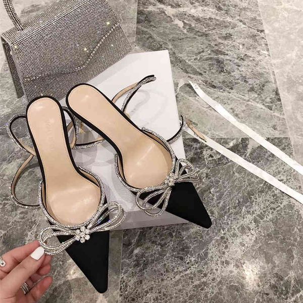 

dress shoes summer leather pointed bow high-heeled single shoes thin heel baotou one-line buckle women's sandals, Black
