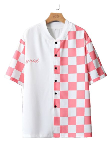 

men letter & checker print baseball collar drop shoulder shirt a4ke#, White;black