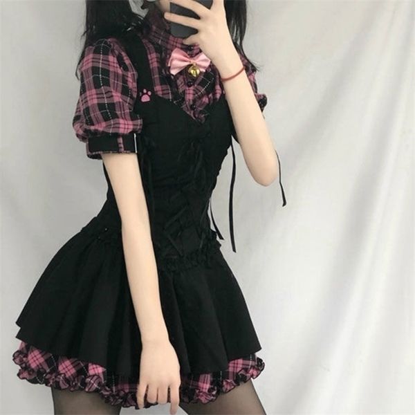 

summer dresses for women plaid kawaii pink clothes short sleeve strap midi dress lolita harajuku cottagecore robe y2k 220509, Black;gray