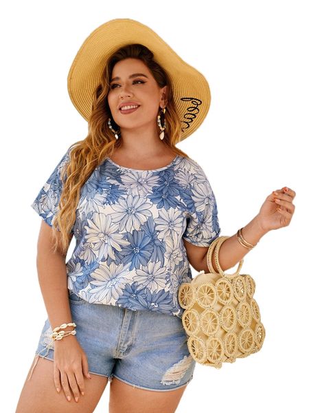 

plus allover floral print batwing sleeve blouse r0re#, Black