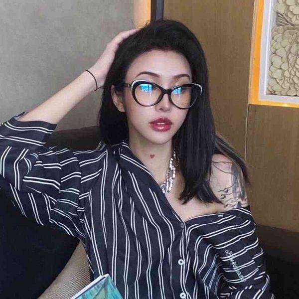 

sunglasses same cat's eye glasses frame female large face black flat lens myopia with, White;black