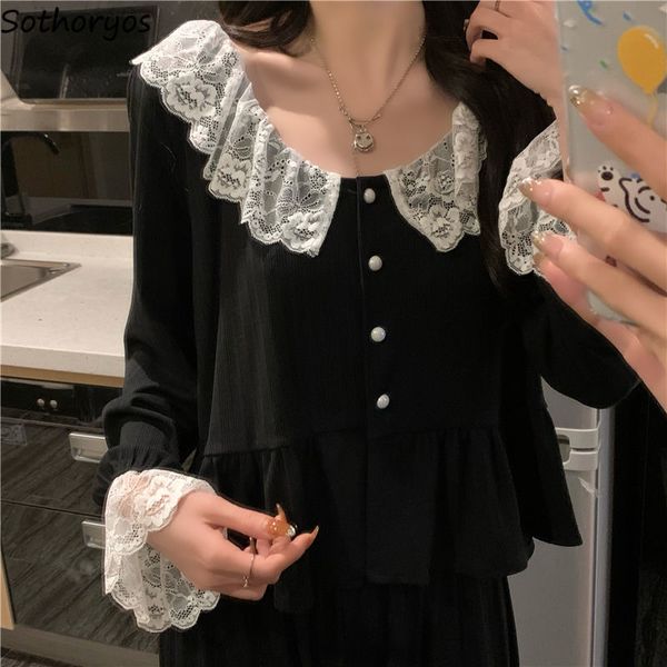 

soft ins popular pajama sets women black lace patchwork nighty simple soft tender single breasted retro outdoor nightwear l220803, Black;red