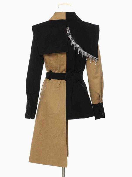 

women's trench coats coat for women patchwork contrasting colors lapel long sleeve single-breasted irregular jacket 2022 autumn winterw, Tan;black
