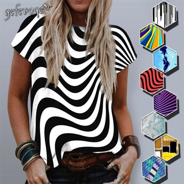

stripe graphic print t-shirt women summer round neck short sleeve casual tees harajuku plus size loose tshirts 220322, White