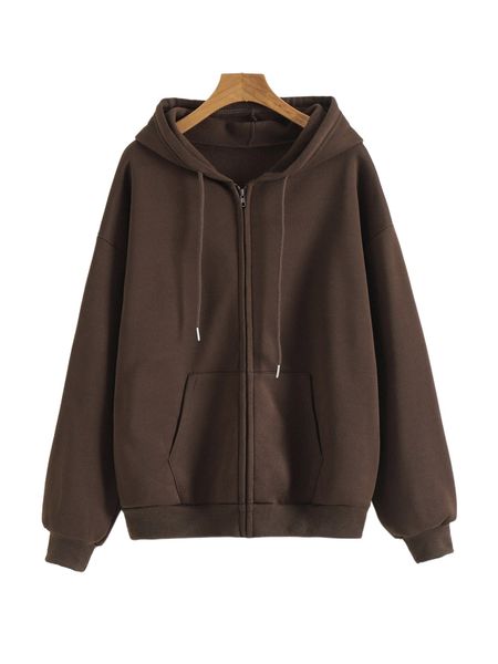 

zip up drop shoulder thermal lined drawstring hoodie j7zd#, Black