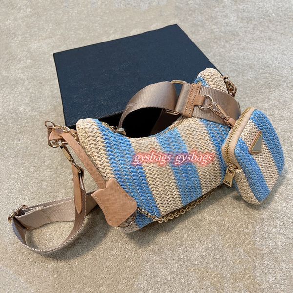 

woman re-edition 2005 straw shoulder bags designer bag fashion hobo crochet tote bag luxury handbag stripe crossbody with mini pouch 2-piece