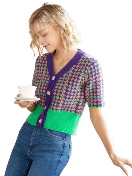 

knit mix houndstooth pattern button front cardigan d1qa#, White;black