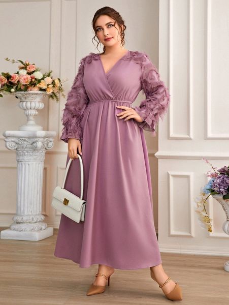

plus fuzzy flounce sleeve surplice neck dress 56lf#, Black