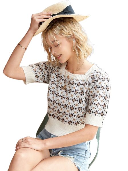 

knit mix geo pattern puff sleeve knit f3wl#, White;black