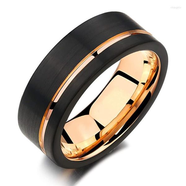 Fedi nuziali Gioielli di lusso Anello in acciaio inossidabile da 8 mm per uomo Cinturino scanalato color oro spazzolato nero Vestibilità comodaWedding Rita22