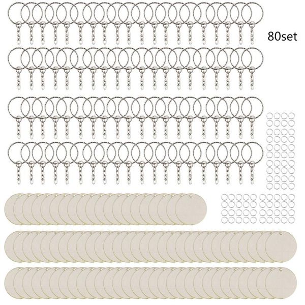 Portachiavi Etichette pendenti in legno non finite Pendenti con cerchi in legno rotondi con 80 anelli aperti portachiavi vuoti per ornamenti artigianali fai-da-te U90F