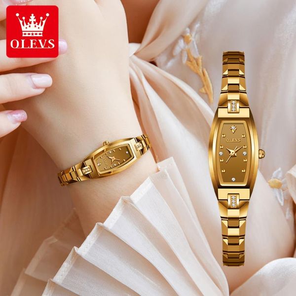 Нарученные часы Золотой вольфрамовый стальной браслет хрустальный роскошные женщины смотрят модные элегантные водонепроницаемы