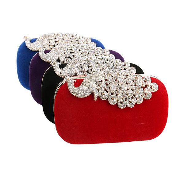 

-fashion crystal diamonds women solid handbag evening v bag polyester purse elegant peacock clutch
