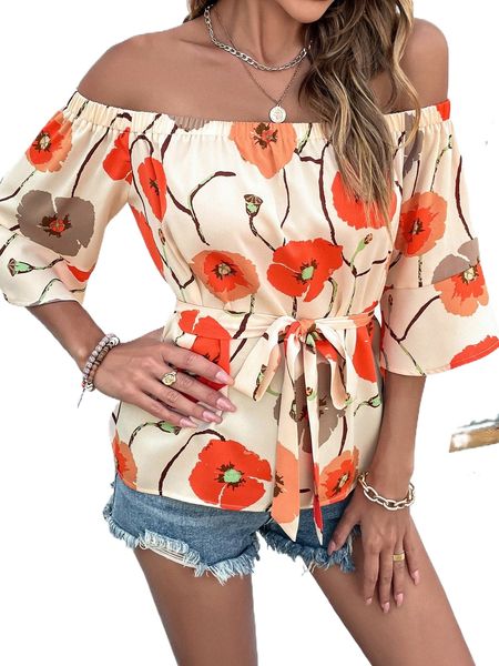 

floral print off shoulder flounce sleeve belted peplum blouse e6z4#, White