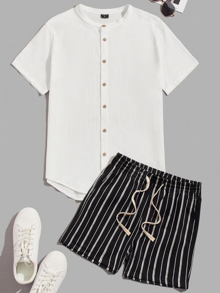 

men curved hem shirt & striped drawstring waist shorts set x0i2#, Gray