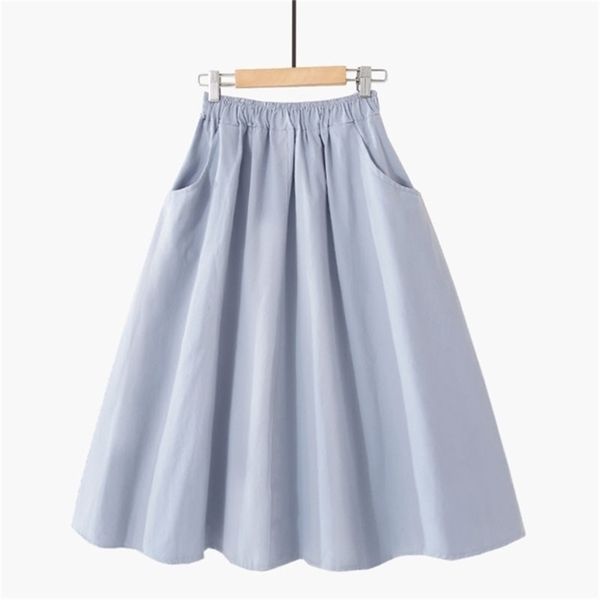 

spring summer solid cotton skirt women elastic high waist midi skirts femme with pocket simple black skirt women korean skirt 210325