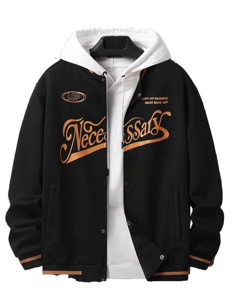 

men slogan graphic striped trim bomber jacket without hoodie n7ft#, Black;brown