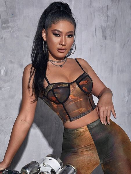 

sxy renaissance print contrast piping sheer mesh cami n5ri#, White