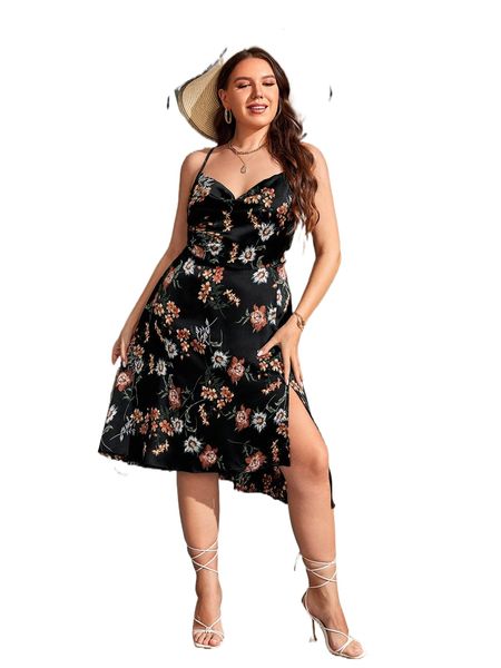 

plus floral print draped wrap hem crisscross tie back cami dress t7ne#, Black